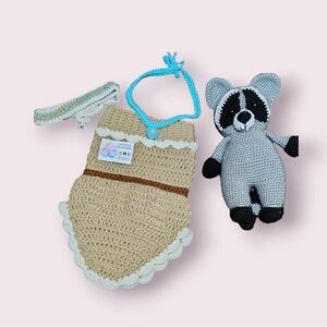 Handmade Crochet Raccoon Toy and Accessories Set - Beige and Gray